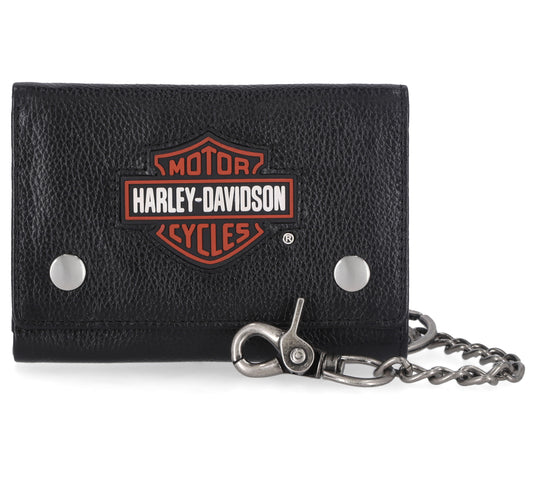 Men's Bar & Shield Patch Tri-Fold Chain Leather Wallet