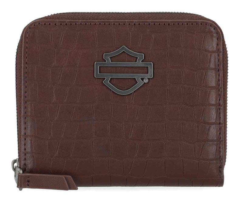 Load image into Gallery viewer, Harley-Davidson® Women's Metal Bar &amp; Shield Croco Small Zip Around Wallet, Maroon

