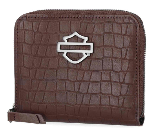 Harley-Davidson® Women's Metal Bar & Shield Croco Small Zip Around Wallet, Maroon