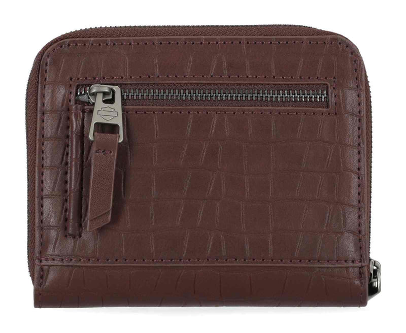 Load image into Gallery viewer, Harley-Davidson® Women's Metal Bar &amp; Shield Croco Small Zip Around Wallet, Maroon
