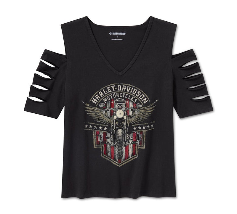 Load image into Gallery viewer, Harley-Davidson - Women's Bling Rally Rip &amp; Repair Cold Shoulder V Neck Tee -
