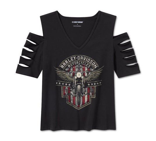 Harley-Davidson - Women's Bling Rally Rip & Repair Cold Shoulder V Neck Tee -