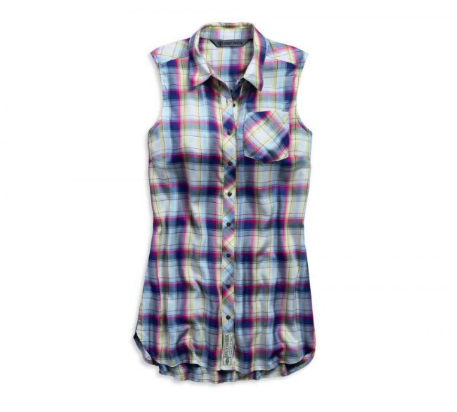 Front view of womens plaid sleeveless shirt