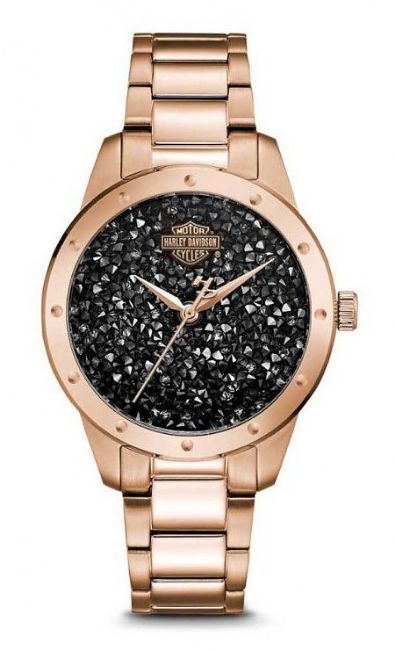 Front view of womens black crystal rock sparkles stainless steel watch