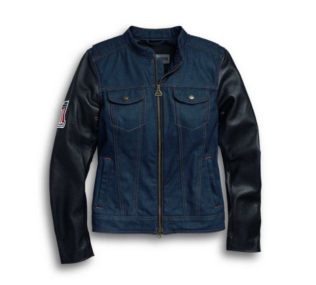 Front view of womens arterial abrasion resistant slim fit denim riding jacket