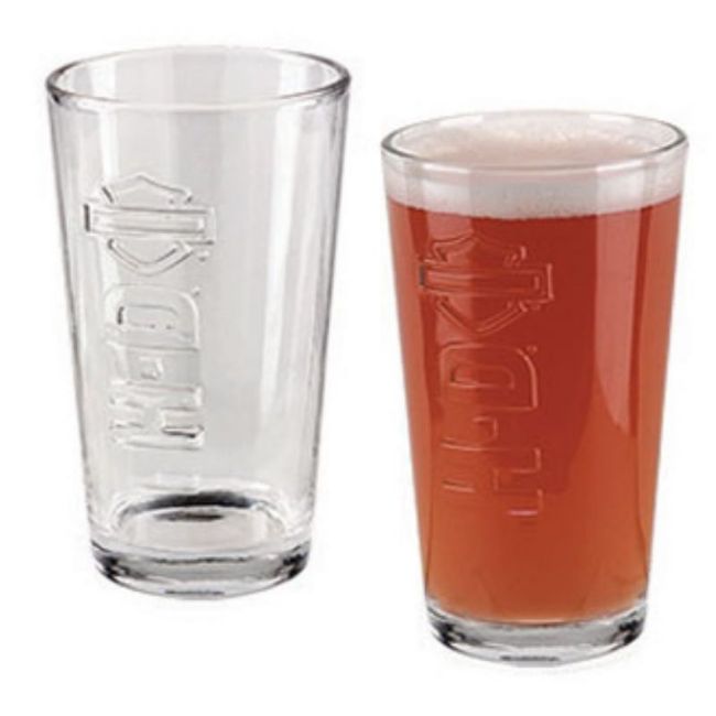 Front view of logo embossed pint glass set