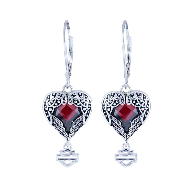 Picture of Women's Winged Heart w/ Red Crystal Dangle Bar & Shield Earrings